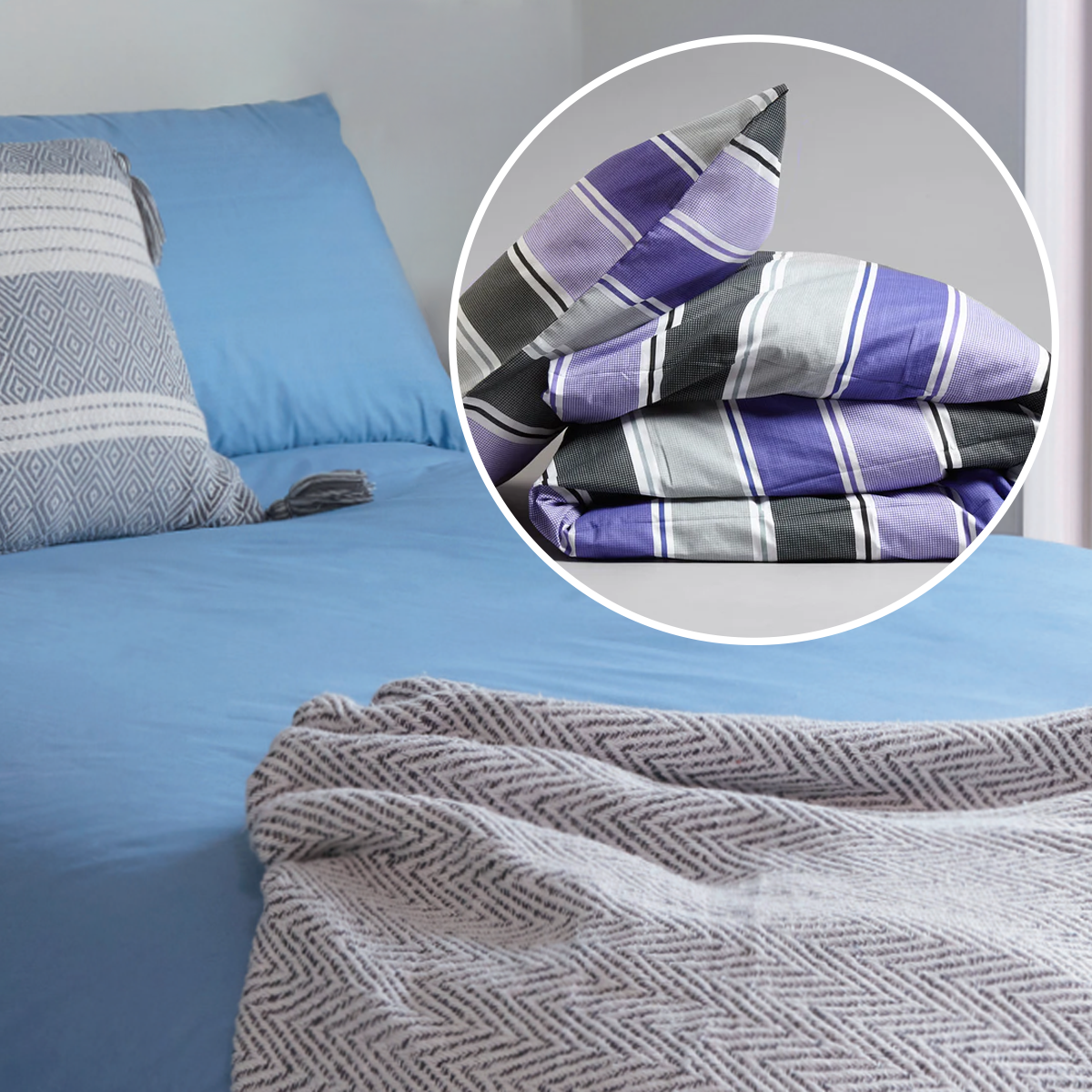 Linen Set Essential Fitted - Double - Stripe Purple